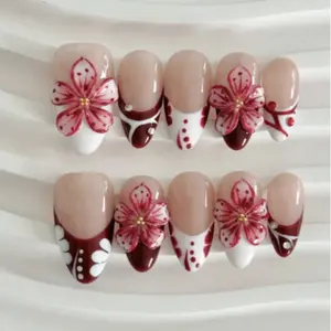10pcs Minimalist Elegant Gothic Punk Hand-Painted Red & White 3D Carved Short Almond-Shaped False Nails Parts Nails Nail Supplies Handmade Press On Nails