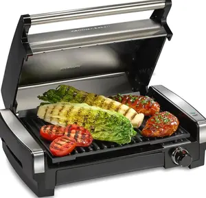 Hamilton Beach Electric Indoor Searing Grill with Adjustable Temperature Control to 450F, 118 sq. in. Surface Serves 6, PFAS-Free Removable Nonstick Grate, Stainless Steel