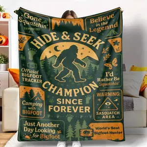 Bigfoot Hide And Seek Champion Flannel Blanket Retro Forest Sasquatch Print Soft Warm Cozy Durable Lightweight Easy Care Great For Camping Cabin Sofa Bedroom Adventure Gift Outdoor Explorer Decor
