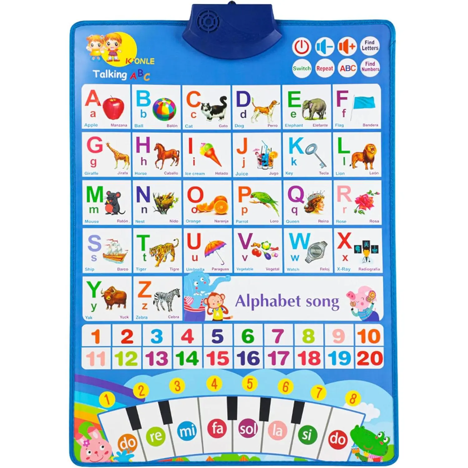ucational Talking Toy Spanish English Wall Chart Piano Music Poster Numbers 1-20 Kids Montessori Toys Interactive ucational Toy Learning Gift for Toddlers 2-4