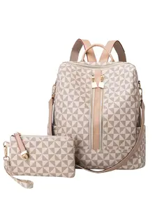 Fashionable Geometric Pattern Backpack & Wristlets Bag, Casual Large Capacity Backpack, Trendy Versatile Travel Backpack for Women, Voluminous Backpack, Casual Lightweight Backpack