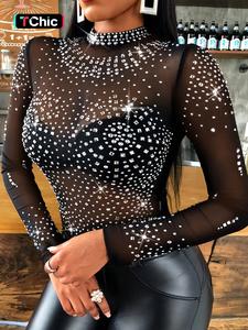 women's rhinestone decor contrast mesh sheer bodysuit, fashion long sleeve keyhole back bodysuit for party club dating, ladies spring & fall clothes