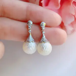 Piswency Australian White Carved Pearl Dangle Earrings, Real Saltwater Pearls, 925 Sterling Silver Drop Earrings, Elegant Gift for Her