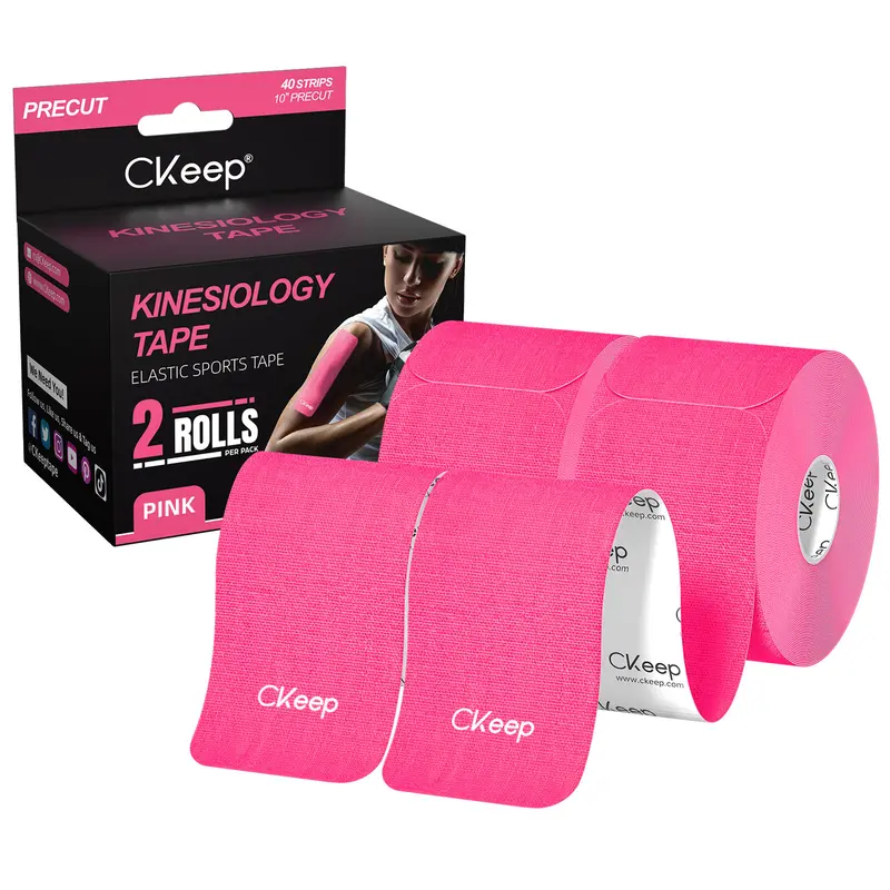 Pre-Cut Kinesiology Athletic Tape - 2 Pink Cotton Elastic Sports Tapes with Precut Strips, Skin Friendly Adhesive, Water-Resistant, Breathable, Latex-Free Injury Wrap, Enhances Movement, Gym-Ready Support for Weight Training Pain Relief