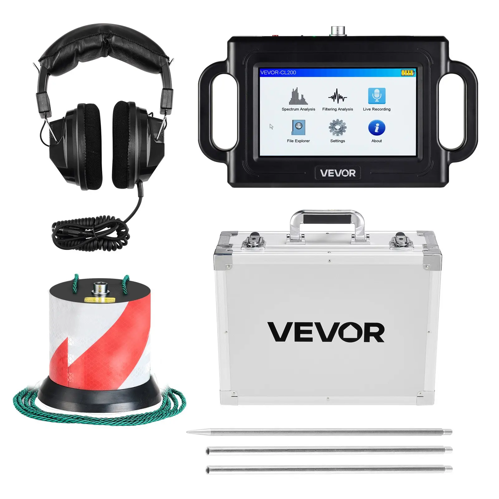 VEVOR Underground Pipe Water Leak Detector, 1Hz-5000Hz Frequency, 7 inches Touchscreen Locator for 6.6ft (2m) Pipes, 1 Sensor, 3 Listening Rods, Headphones, 8GB SD Card, Carry Case, 3.65V, 7000mAh, 10.9x6.4x1.6in, 13.3lbs, 2 M