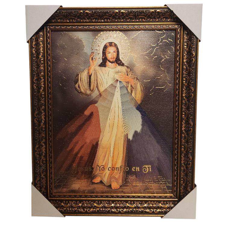 Senor De La Divina Misericordia 15"widex19"tall Divine Mercy White or Gold Frame Cuadro Artwork with Detailed Jesus En Ti Confio Elements Decoration Frame Religious art image, home decor, wall decor, church events, gifts