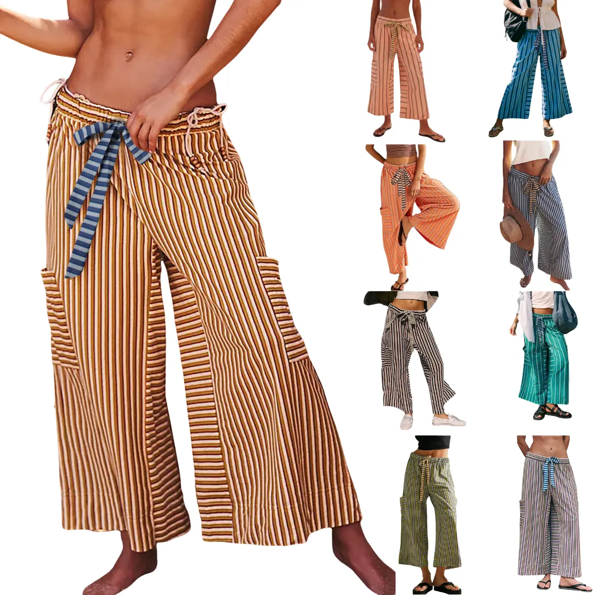 Yeokou Women's Drawstring Striped Pants - Loose Wide Leg Lounge Trousers with Pockets - 100% Cotton - Casual Palazzo Pants for Summer & Spring - Womenswear - Wideleg, Baggy, Bottom, Women's Clothes,summerwins,summeroutfits,vacationoutfits,beachoutfits