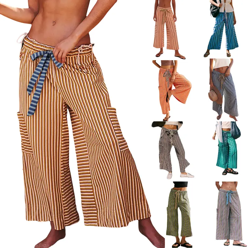 Yeokou Women's Casual Striped 100% Cotton Wide Leg Pants - Oversized, Breezy, Flowing Lounge Trousers with Pockets, Adjustable Drawstring Waist, Basics for Summer Everyday Wear, Trending Clothes