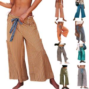 Yeokou Women's Drawstring Striped Pants - Loose Wide Leg Lounge Trousers with Pockets - 100% Cotton - Casual Palazzo Pants for Summer & Spring - Womenswear - Wideleg, Baggy, Bottom, Women's Clothes,summerwins,summeroutfits,vacationoutfits,beachoutfits