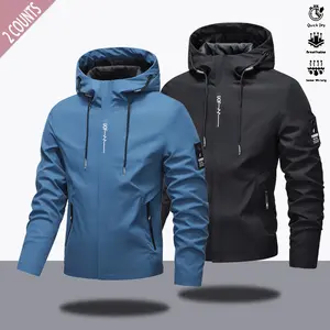 2 Pieces Men's Fashionable Lightweight Softshell Jacket Outdoor Classic Letter Embroidery Suitable for Camping Casual Holiday Wear