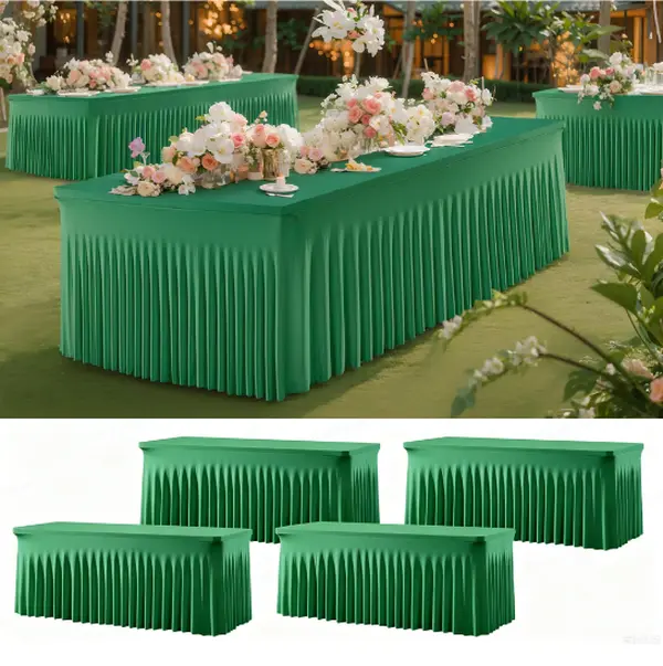 Classic 4-Pack Halloween Stretch Spandex Table Skirts, Snug Elastic Fit Fitted Covers for 4ft/6ft/8ft Rectangle Tables, Wrinkle-Resistant Stain-Proof Wavy Ruffle Home Supplies, Indoors Party Decor