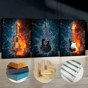 3Pcs Wooden Framed Canvas Painting, Musical Instruments In Fire And Water Images, Exquisite Poster, Home Decoration, Pattern Wall Art Decor, For Living Room, Bedroom, Office, Restaurant, Bar Wall Decor, Odorless, Painting, Print Artwork.