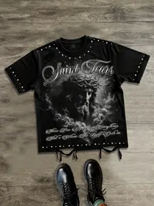 Saint Jesus Print Loose Short Sleeve T-Shirt Men's, Ripped Cotton Short Sleeve Christian Saint Tears Letter Print Shirt T-Shirt Unisex, European-American Streetwear Casual Trendy Fashion Brand Geometric Men's Short Sleeve American Retro Saint Jesus 2026
