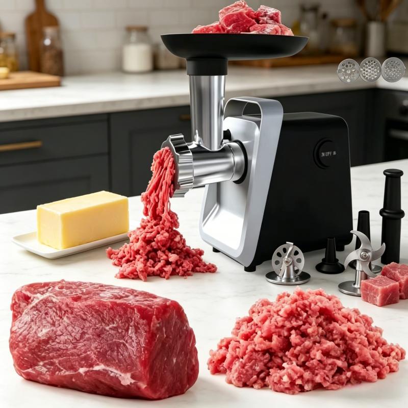 Electric meat grinder, stainless steel meat grinder with 2 blades, sausage tube, and Kubbe kit, 2800W suitable for home kitchen use with US standard plug