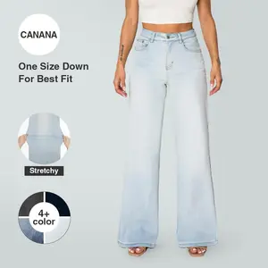 CANANA Women Super Stretchy High Rise Wide Leg Jeans Minimalist Comfort Denim Pants Tummy Control BBL Regular Size Plus Size Spring Fashion Daily Outfits Pockets
