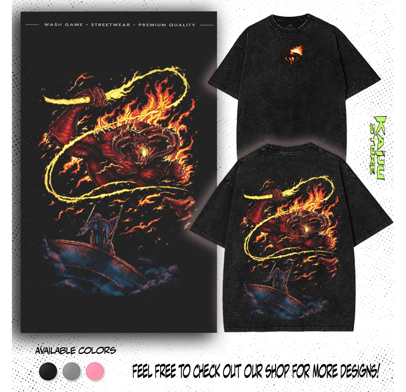 Lord Of The Rings Balrog Washed T-Shirt Dark Fantasy Movie Graphic Tee Faded Red Blue Gothic Streetwear Y2K Merch Gift For Movie Fan Clothes, Fabric Menswear Top Graphic Hoodie Print Straight Tee Streetwear, Summer Clothings Cotton Kangaroo Oversized Pock