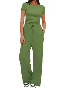 Women's 2-Piece/6-Piece Short Sleeve & Wide Leg Pants Set, Slim Fit Casual Sleepwear, Plain Color Comfortable Home