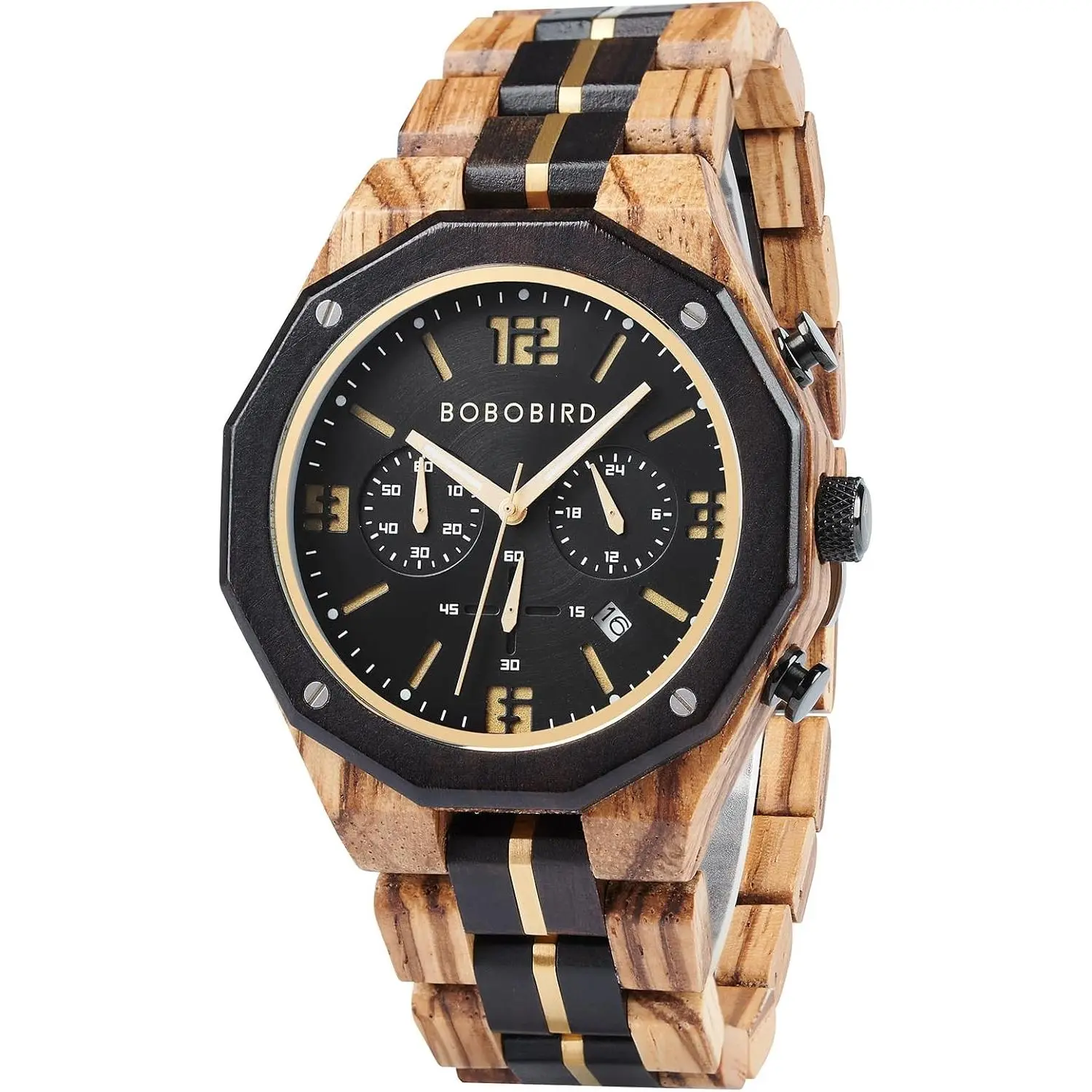 Men's Wooden Watch Sport Fashion Wristwatch Casual Chronograph Quartz Watches Men's Wood Stainless Steel Strap Watch with Date Display