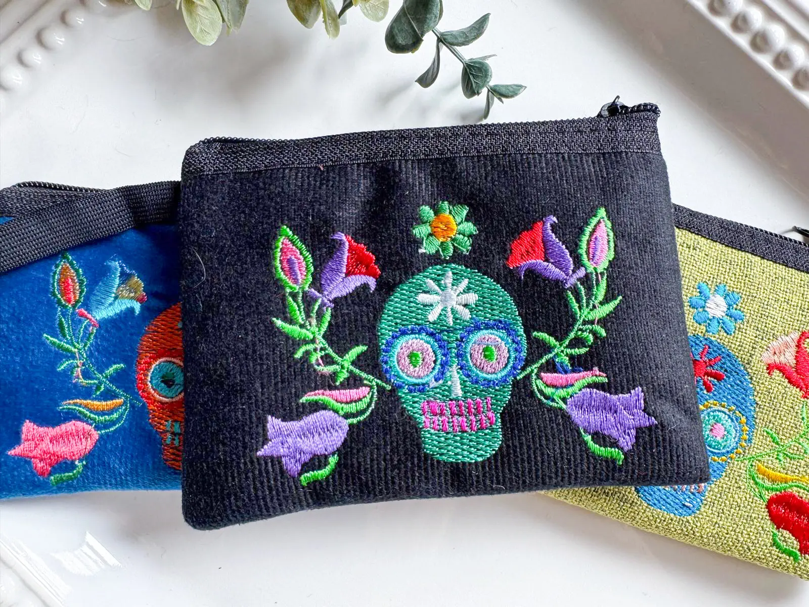 Sugar Skull Embroidered Zippered Pouch || Ecuador