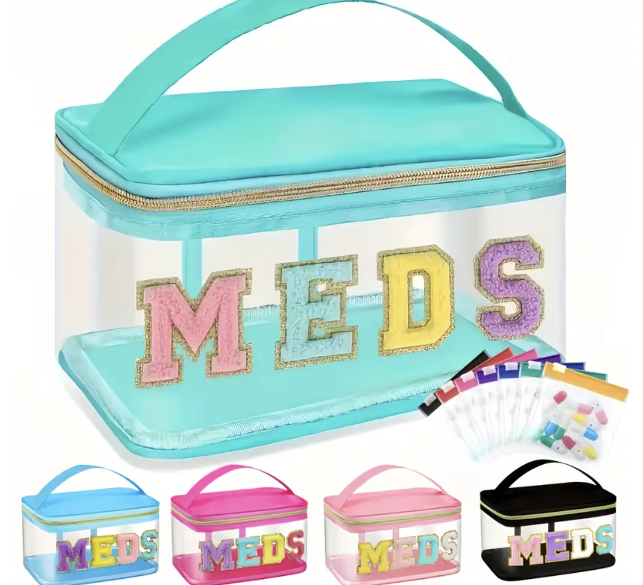 Reusable MEDS Organiser with Letter Patch, 7 Transparent EVA Self-Sealing Medicine Pouches, Waterproof Nylon Portable Storage for Home, Travel, Kitchen Use Utensils Compact Compact