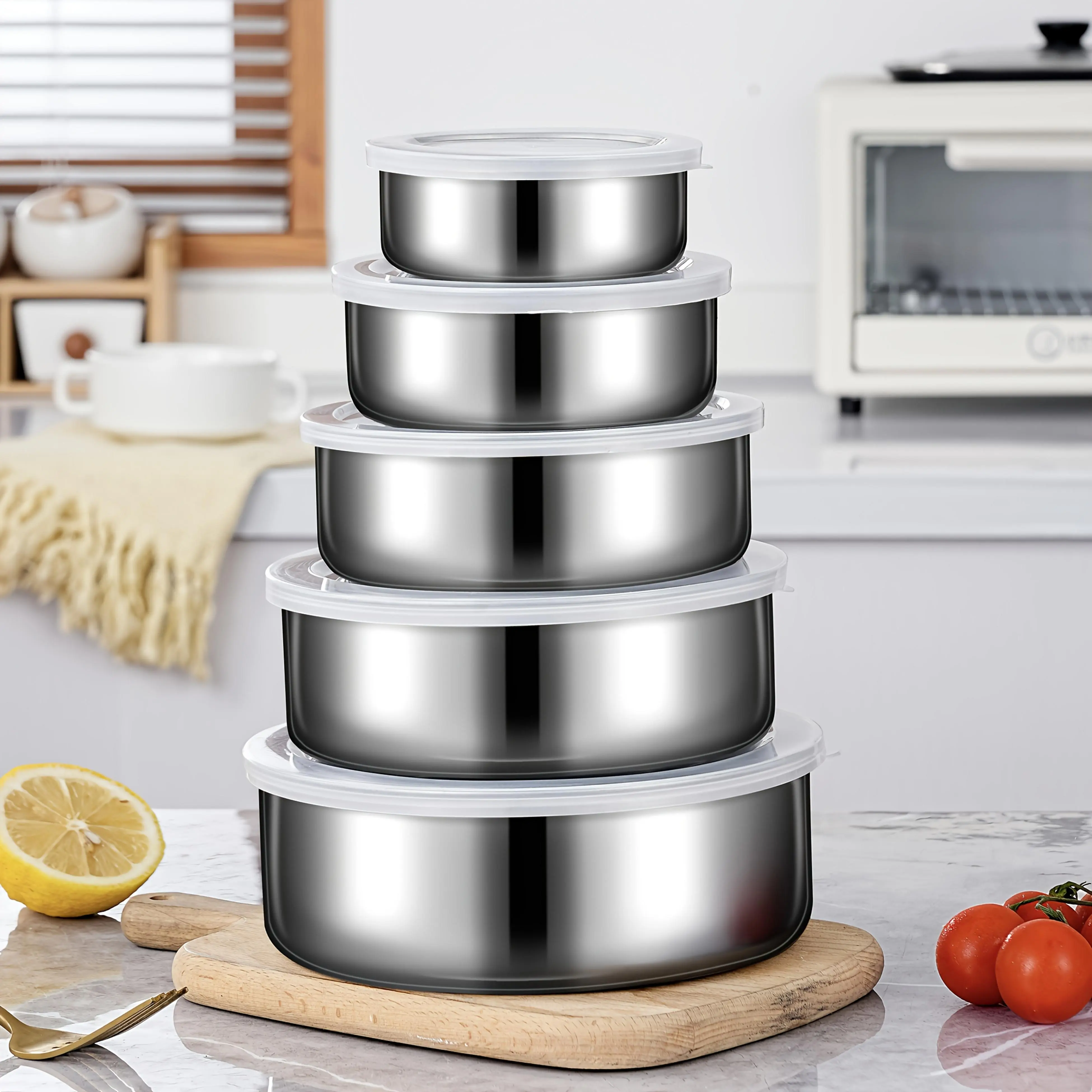 5-Piece Stainless Steel Airtight Food Storage Containers Set, Round Kitchen Preserving Bowls with Lids for Storing Fruits, Vegetables, Snacks & Kitchen Organization