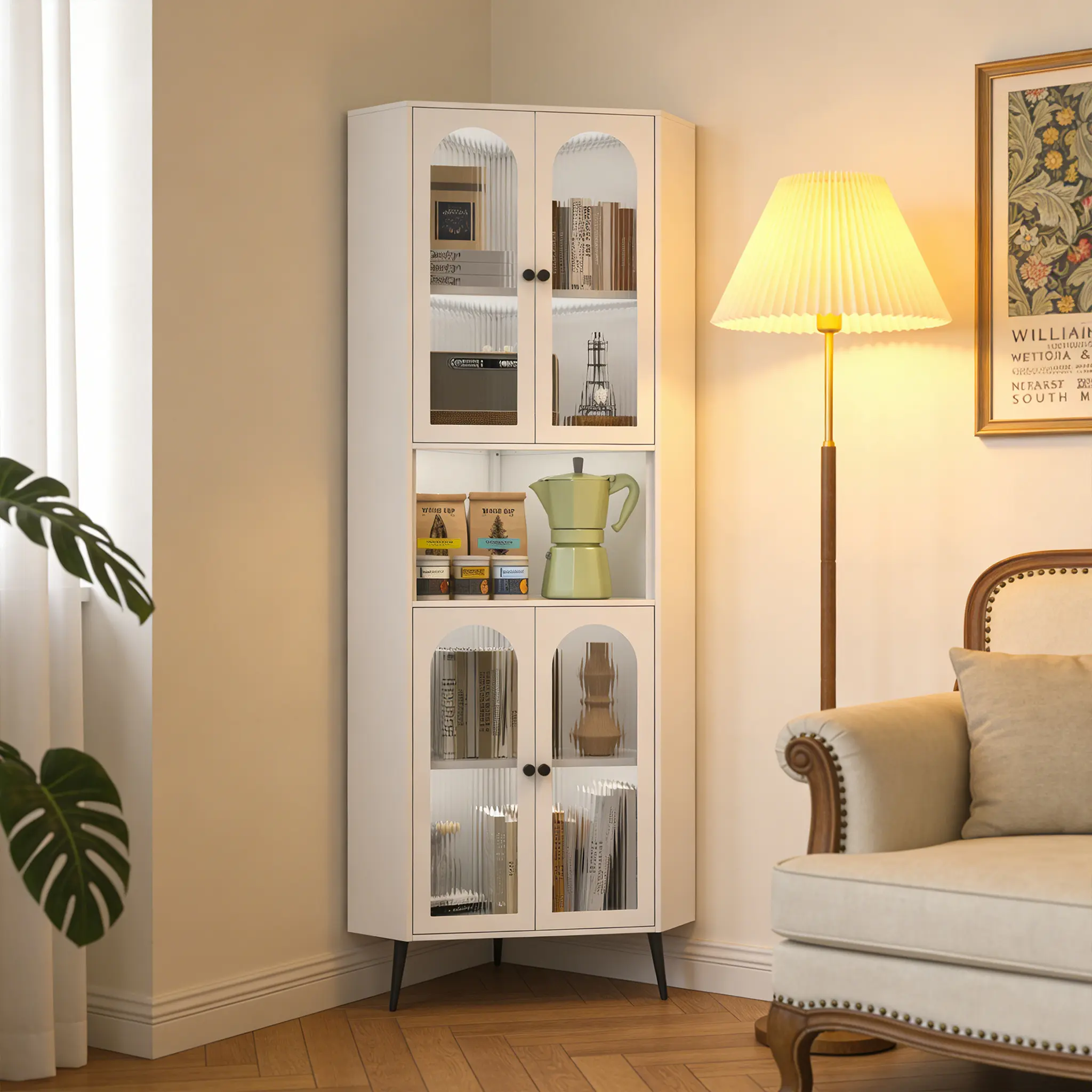 70.87'' Corner Cabinet, Metal Storage Cabinet with Doors and Adjustable Shelves, Corner Organizer Stylish Space-Saving Storage for Entryway, Bathroom,Bedroom,Dining Room, Living Room, Office(White)