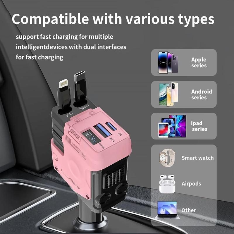 【New Airfreshener Starlight In Car Roof】5 in 1 Car Charger, Car Air Freshener with High Speed USB C Adapter with Lightning Cable & Charge Port for iPhone & Android Phone, Retractable Car Charger, Comes with 3 Bottles of Fragrance, Car Accessories