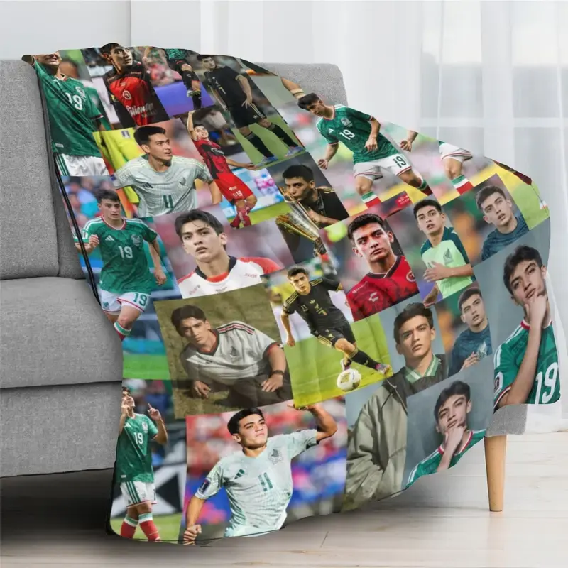 Mexican Soccer Star Photo Collage Printed Flannel Throw Blanket, Super Soft & Cozy Sports Fleece Blanket for Bed Sofa Couch, Great Birthday Gift for Soccer Fans Kids