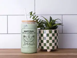 Matcha Glass Tumbler with Bamboo Lid & Straw – 16oz Clear or Frosted Glass Can – Trendy Aesthetic Iced Matcha Cup – Matcha Lover Gift