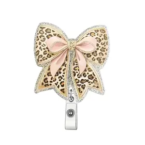 Leopard Bowknot Design Badge Holder, Nurse Badge Reel, Retractable Badge Scroll with Clip, Acrylic Name Badge Clip for Nurse, Job, Volunteer, Office Worker