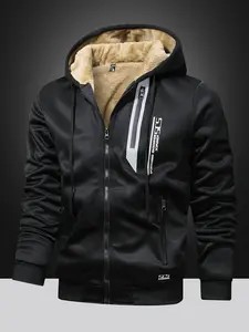 Men's Winter Fleece-Lined Thick Warm Hooded Jacket with Pockets Sports Zipper Sweatshirt Casual Menswear