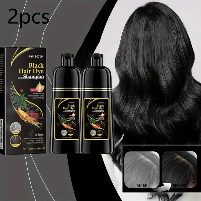 2 bottles of black hair dye shampoo, with natural plant pigments, safe for the scalp, quick coverage, and hair cleansing, black, Cover Gray Hair, Hair Coloring, Covers grey hair