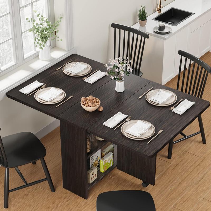 【 table only 】 FoldingTable, Drop Leaf Dining Table with 6 Wheels and 2-Layer Storage Shelf, Space Saving Table for Small Spaces (Dark Walnut, 50.1" D x 31.4" W x 29.5" H)