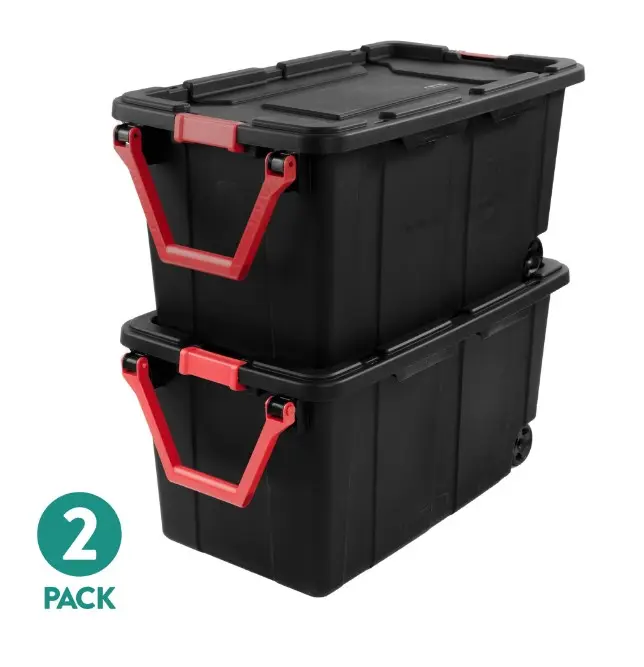 Sterilite Extra-Large Wheeled Industrial Storage Bin, 40 Gallon Durable Plastic Storage Tote with Latching Lid and Pull Handle, Black, 2 Pack