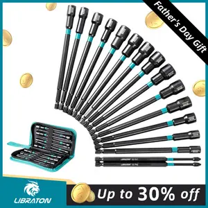 【Fathersdaygift】Libraton 16PCS Magnetic Nut Driver Set, Long Nut Drivers 6INCH, Metric & SAE Nut Drivers for Impact Drill, Long Shank Nut Driver Bits, 1/4"Hex Shank, Long Power Bits, PH1, PH2, with Storage Bag