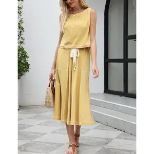 Women’s 2 Piece Cotton Skirt Set Sleeveless Draped Tank Top Drawstring Midi Skirt Y2K Lounge Outfits