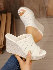 Summer New Braided Heeled Thick Sole Fish Mouth Wedges Platform Sandals, Fashion Elegant Comfortable Breathable Slip-On Daily Wear High Heel Rubber Shoes for Women