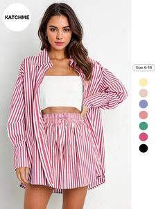 two-piece set women's striped print co-ord two-piece set, 2 counts casual long sleeve drop shoulder collared shirt & drawstring wide leg shorts set, ladies summer clothes, womenswear, outfit sets women, longsleeves casual outfits women