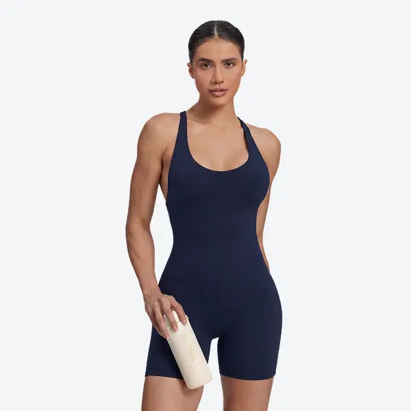 BetterMe Women's Halter Crossback Bodyshort with Built-In Bra and Sweat-Wicking Fabric for Gym Training