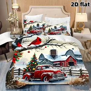 2D Flat 3Pcs Christmas Cardinals & Red Truck Duvet Cover Set - Winter Holiday Farm Scene Bedding, Soft Microfiber for Bedroom Decor (1 Cover+2 Pillowcases, Unfilled) Festive Home, Ideal Gift