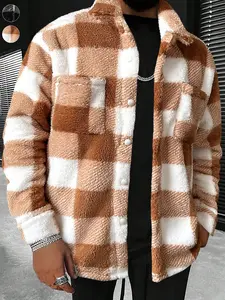 Fall Outfit, Men's Plush Fluffy Plaid Fitted Jacket Coat, Soft & Puffy Fabric, Retro Vintage Casual Style, Warm Fall Outerwear, Perfect for Cool Weather