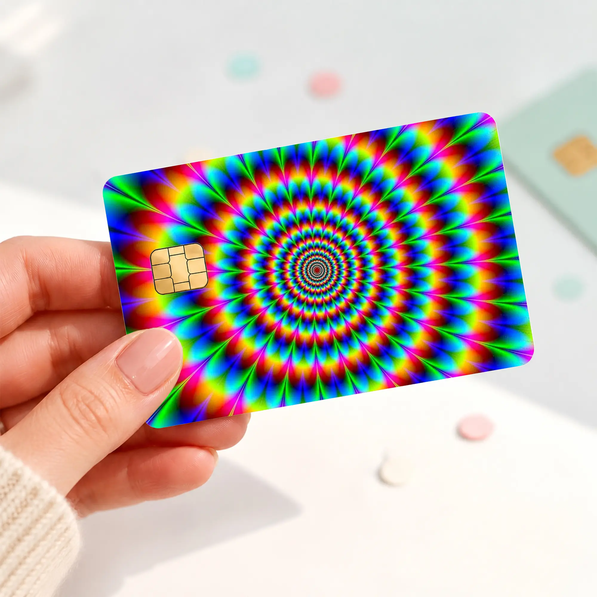 Rainbow Hypnotic Spiral Credit Card Skin, Psychedelic Optical Illusion Debit Card Sticker, Colorful Trippy Bank Card Cover