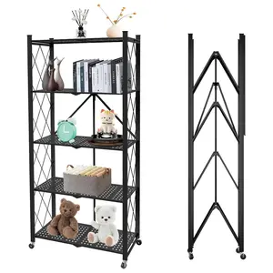 KCALEFV Foldable 5-Tier Metal Shelf - Heavy Duty Collapsible Storage Rack with Locking Wheels & Reinforced Wire Grid, Space-Saving Organizer for Garage, Living Room, Closet, Pantry - Holds 1250 lbs (Black)