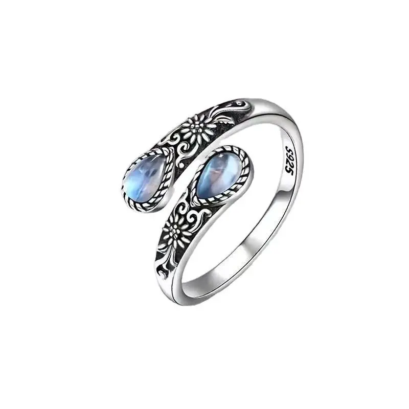 Sterling Moonstone Women's Adjustable Thumb Open Ring, Victoria Vintage Style Hypoallergenic Nickel Free, Retro Floral, Lucky, Faith, Mother's Love Ring, Bohemian Vintage Style, Daily, Party, Holiday, Valentine's Day, Halloween, Easter Gift