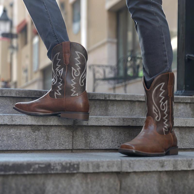 Cowboy Boots For Men with Wide Square Toe Western Retro Boot Durable Classic Fashionable Embroidered Pull On Slip Resistant Boots