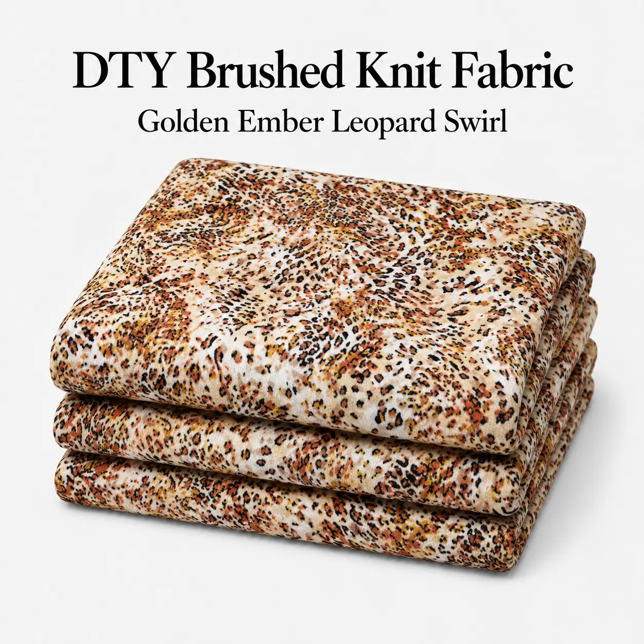 Golden Ember Leopard Swirl DTY Brushed Knit Fabric - Tan Gold & Black, 96% Polyester 4% Spandex, 4-Way Stretch, 58 in, 180 GSM, Sold by the Yard