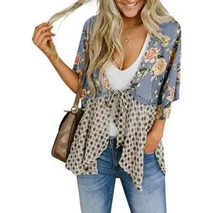 PASLTER Women's Floral Kimono Cardigan, 3/4 Ruffle Sleeve, Lightweight Patchwork, Boho Tie Loose Swim Cover-Up for Sports & Outdoor Use