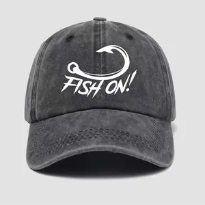 Vintage Washed "FISH ON!" Fishing Hat PRINTED( not Embroidered) Cap, Retro Outdoor Snapback Dad Cap, Adjustable Cotton Blend Baseball Hat, Fisherman Gift for Men Women