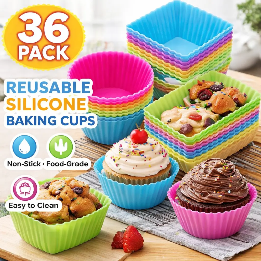 36-Pack Silicone Muffin Cups – Reusable Cupcake Liners in 3 Shapes (Round, Square & Rectangular) – Nonstick Oven-Safe Baking Molds for Cupcakes, Muffins & Bento Lunch Box Dividers