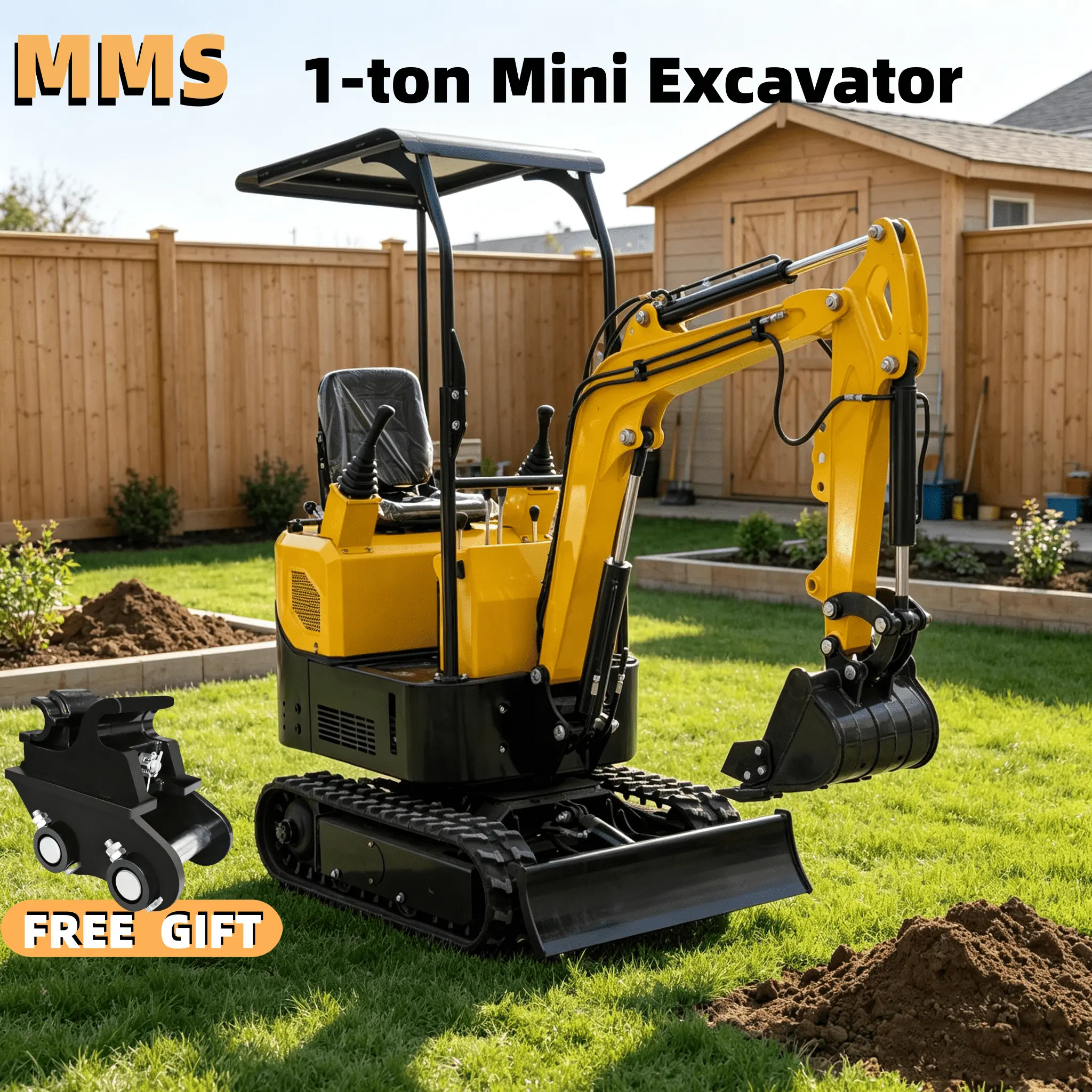 1-ton hydraulic mini excavator with tracks, 13.5-horsepower mechanical thumb, gasoline engine, and a canopy for working outdoors; ideal for gardens, farms, and home use